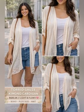 Torrid Gauze Kimono Cardigan Size 2 (2X) Ivory Lightweight Open Front NWT